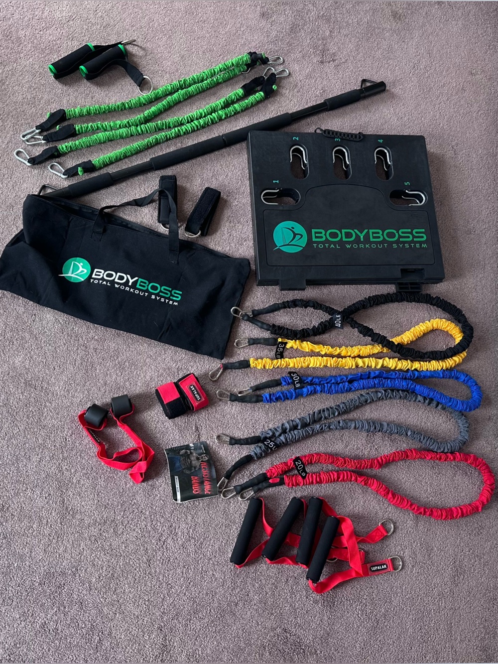 Body Boss Portable Gym 2.0 System (Green); Plus Extra Resistance Bands 25-40 lbs